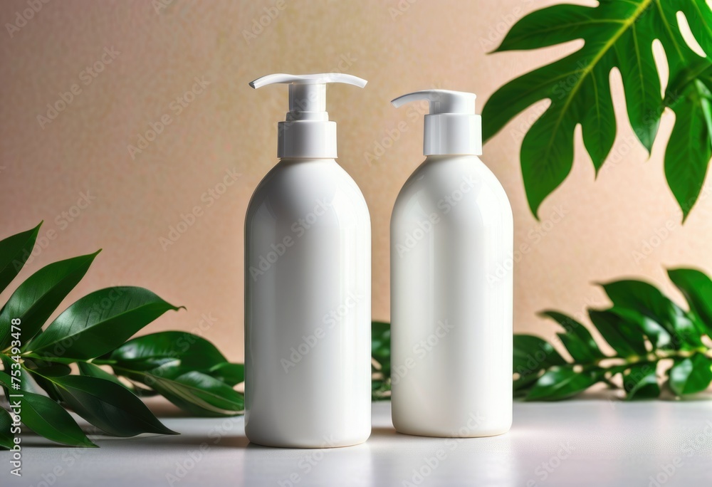 A mock-up of a blank white cosmetics container for cream or shampoo bottle adorned with leaves decoration by ai generated A mock-up of a blank white cosmetics container for cream or shampoo bottle adorned with leaves decoration by ai generated