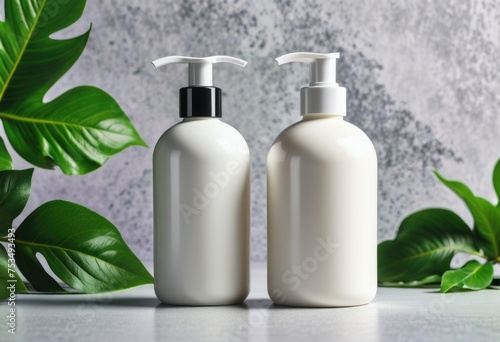 A mock-up of a blank white cosmetics container for cream or shampoo bottle adorned with leaves decoration by ai generated