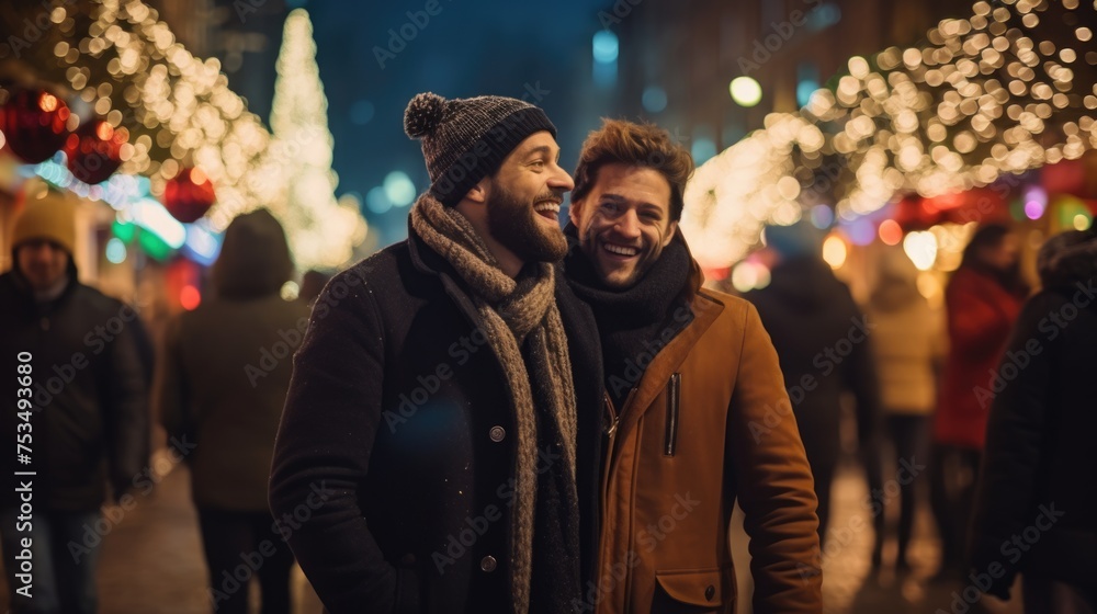 A smiling couple embracing each other during a festive night in the city