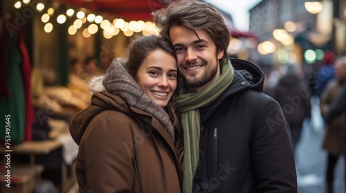 A happy couple wearing coats and scarves, hugging each other outdoors