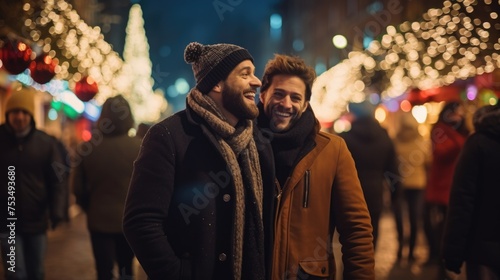 A smiling couple embracing each other during a festive night in the city photo