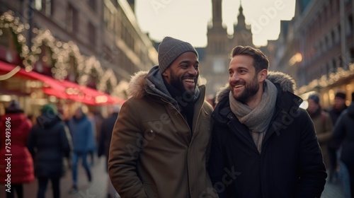 Two Men Smiling and Walking Arm in Arm in a City © shelbys