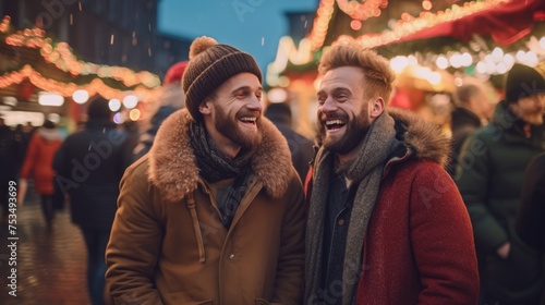 Two bearded men laughing together at a festival