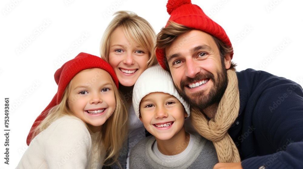 A family wearing snow hats and smiling together for a picture A family wearing snow hats and smiling together for a picture