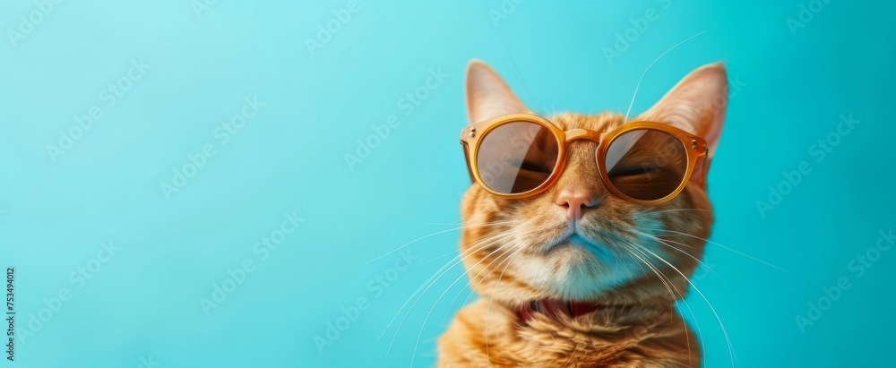 Stylish Orange Tabby Cat Sporting Trendy Sunglasses with a Cool Demeanor Against a Vibrant Blue Background