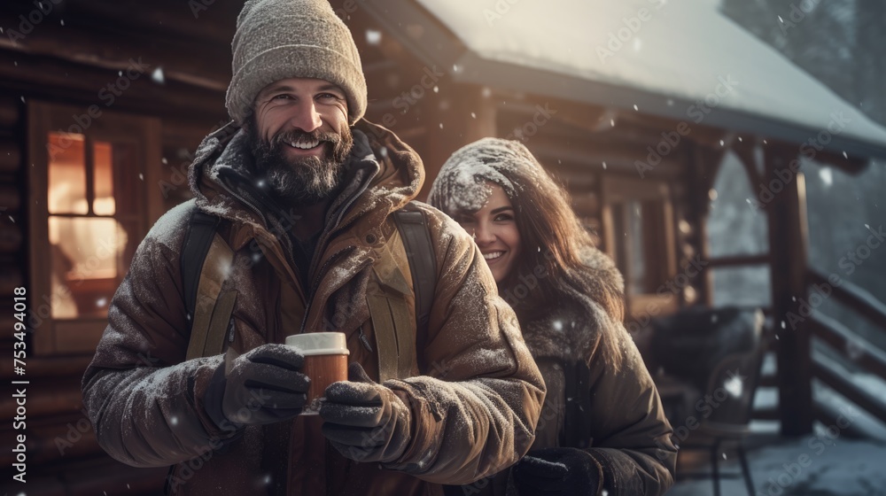 A Smiling Winter Couple Sharing a Mug of Warmth A Smiling Winter Couple Sharing a Mug of Warmth