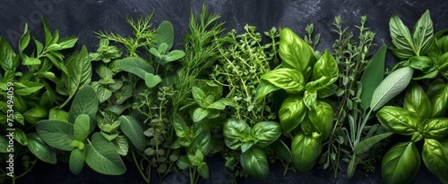 Fresh Assorted Culinary Herbs Lined Up on Dark Slate Background for Healthy Food Concepts and Natural Flavors photo