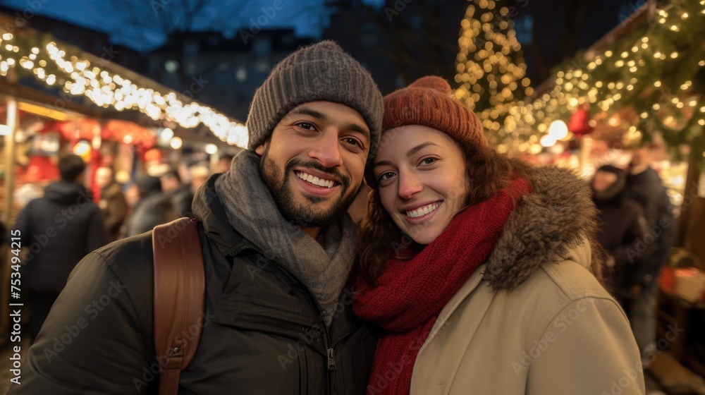 A Happy Couple Posing for a Picture during the Winter Season A Happy Couple Posing for a Picture during the Winter Season