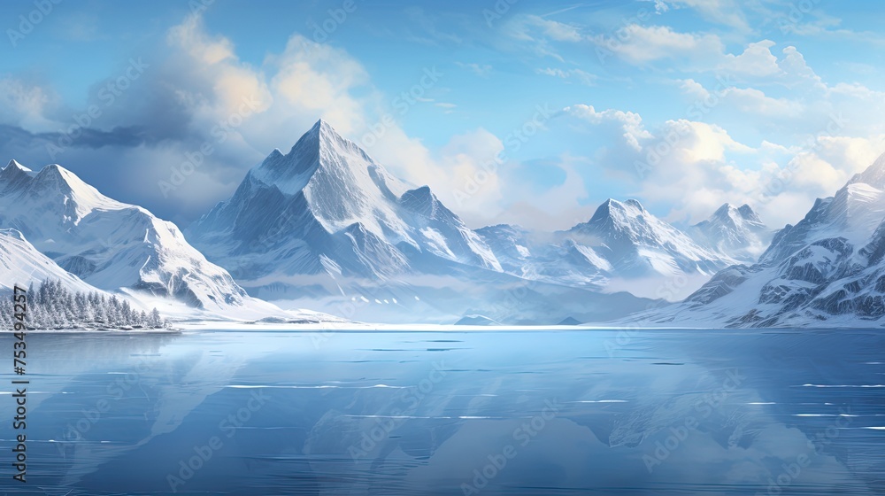 Snow Covered Mountains Landscape with a Serene Lake, Cloudy Sky and Generative AI. A Wintry Scene