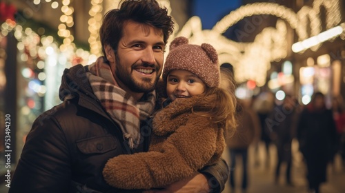 A happy father holding his daughter close during a festive, crowded evening.