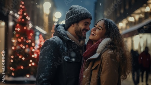 A Couple Smiling and Embracing Each Other in the Snow