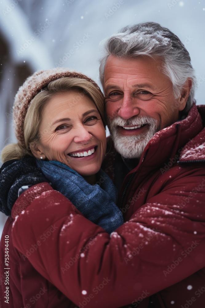 An older couple embracing each other in the snow