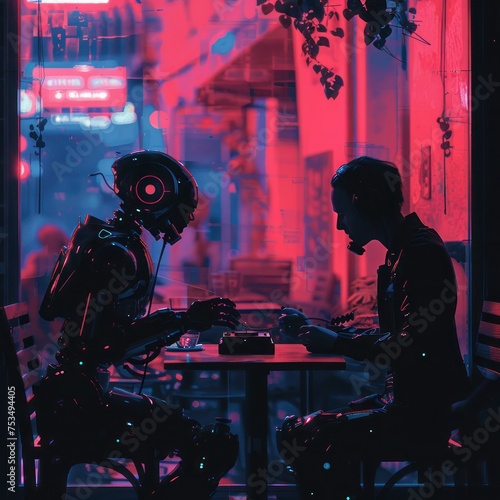 The silhouette of a human and a robot dancing to a soft melody the gramophone on their table adding an old-world charm to the modern