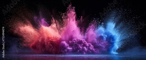 Spectacular Color Explosion: Stunning Vibrant Pink and Blue Powder Burst Against Dark Background with Glittering Particles © Andrei