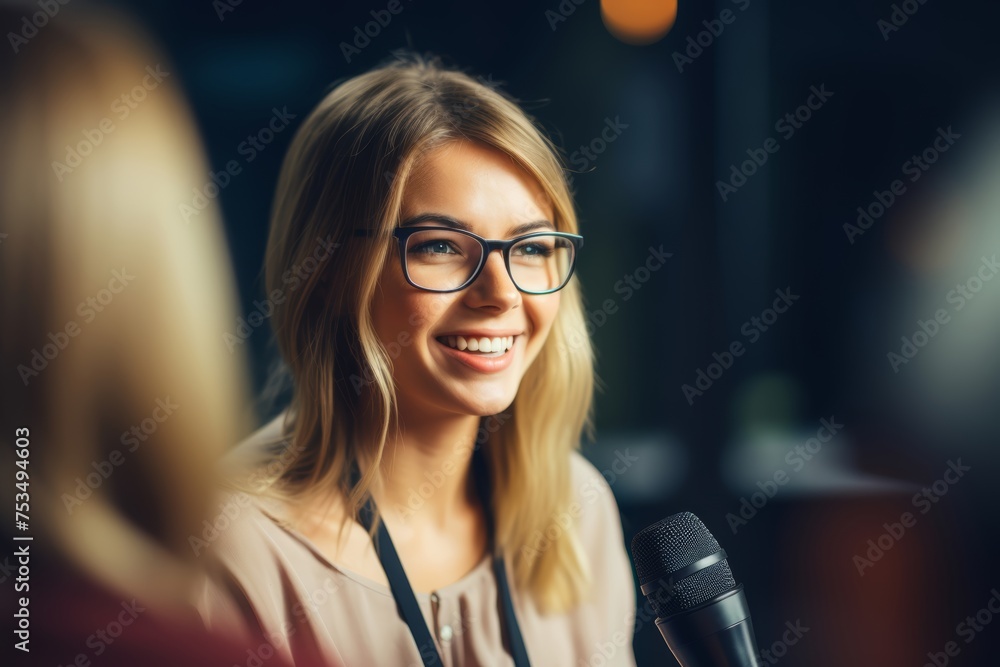 Portrait of a podcast female guest talking into a microphone, with a blurred host in the background, focusing on the interaction between them Portrait of a podcast female guest talking into a microphone, with a blurred host in the background, focusing on the interaction between them