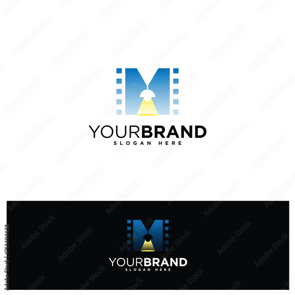 Elegant letter M with strip film and spot light for film production logo Elegant letter M with strip film and spot light for film production logo