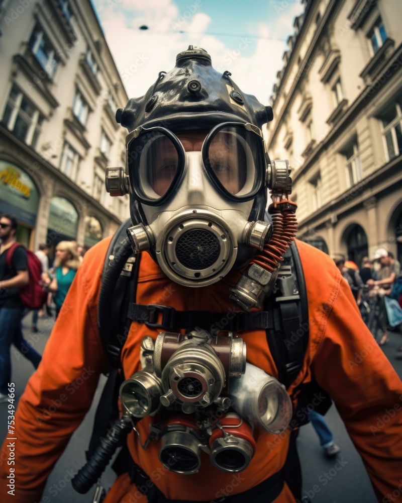 A man wearing a gas mask and orange outfit on a city street. Generative AI. A man wearing a gas mask and orange outfit on a city street. Generative AI.