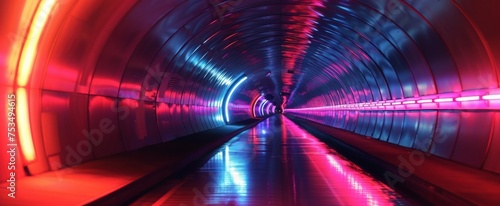 Futuristic Illuminated Tunnel with Neon Lights Reflecting on Metal Surfaces, Creating a Surreal Atmosphere of Science Fiction