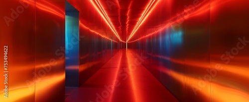 Futuristic Corridor Illuminated by Vibrant Red and Blue Neon Lights, Creating a Mood of Modernism and Science Fiction Aesthetics