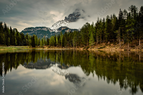 Fototapeta Naklejka Na Ścianę i Meble -  Gorgeous Sky Reflections in Lake Antorno, Italian Dolomites