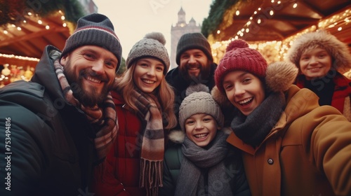 A family wearing hats and coats, posing for a group photo during wintertime.
