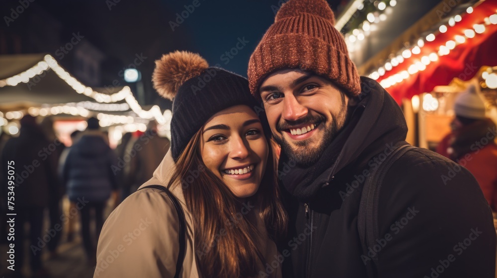 A happy couple smiling together in winter clothing
