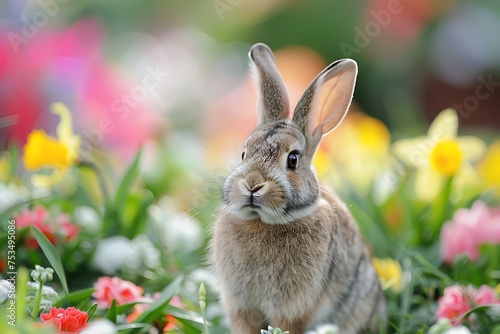 Easter Bunny Amidst Stunning Spring Flowers: A Whimsical Portrait