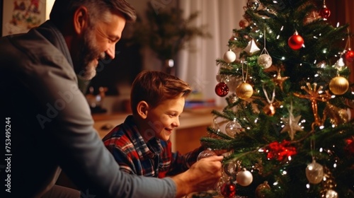 A family spends quality time together, decorating a Christmas tree.