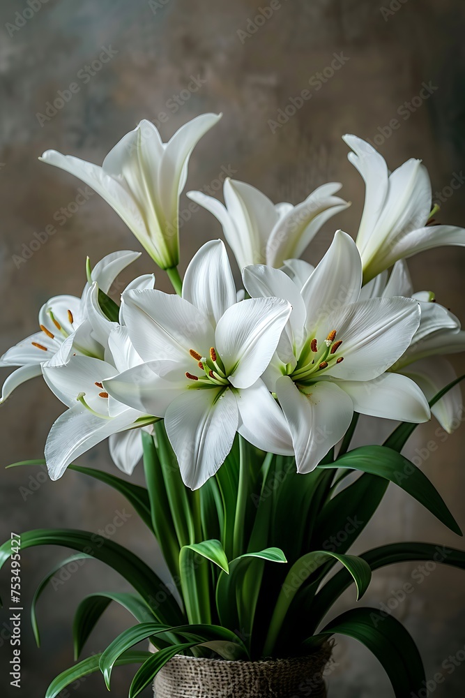 Easter White Lily Bouquet: Elegance in Clay Pot Against Wall