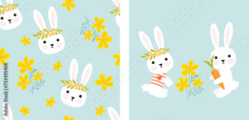 Seamless pattern with bunny rabbit cartoons and cute camomile vector illustration.