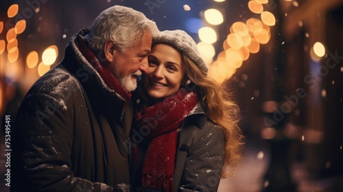 An elderly couple embracing each other in front of Christmas lights.