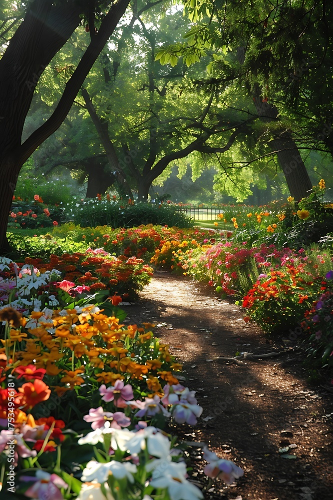Obraz premium Scenic Winding Path Through Blooming Spring Forest: Nature's Tranquil Journey