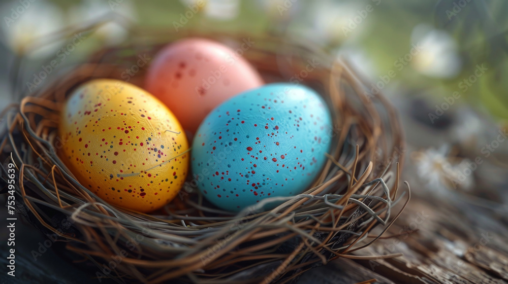 Easter eggs in nest on rustic wooden planks. Easter eggs in nest on rustic wooden planks.