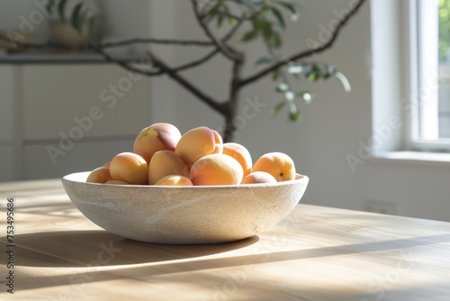 Wallpaper Mural Deep bowl with peaches on an empty table. Danish interior design. For advertising various products Torontodigital.ca