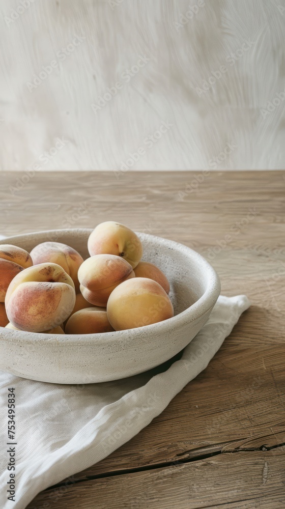 Deep bowl with peaches on an empty table. Danish interior design. For advertising various products Deep bowl with peaches on an empty table. Danish interior design. For advertising various products