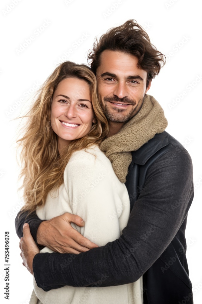 A happy couple embracing each other in front of a white background A happy couple embracing each other in front of a white background