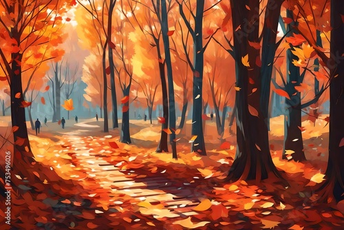 painting style illustration banner wallpaper, Autumn forest with colorful leaves, piano play music in park Generative Ai