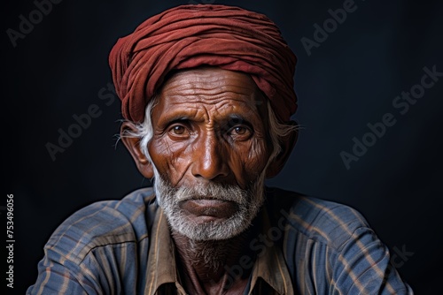 Photo of an elderly Dalit man, also in his 80s, his posture dignified despite the years of labor and struggle evident in his hands and face. Dressed in simple traditional clothing, his gaze reflects a