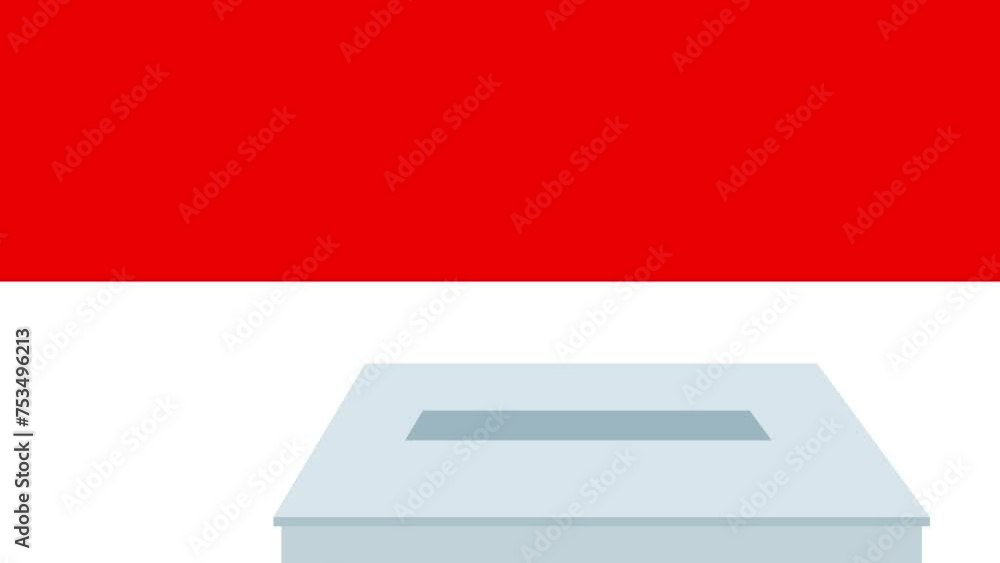 Man putting ballot in a box during elections in Indonesia in front of flag.