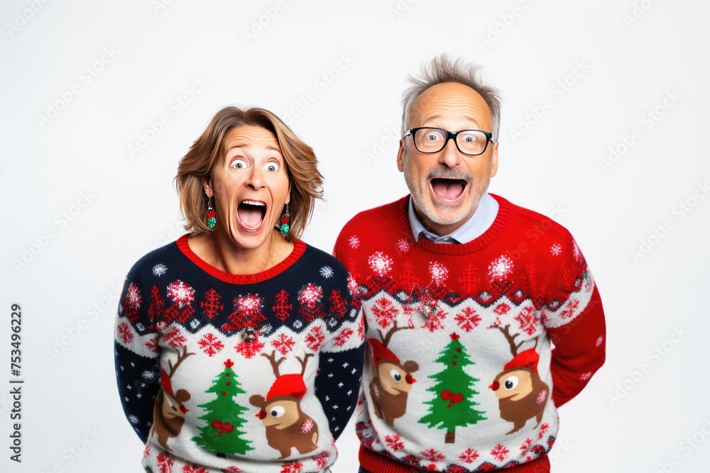 A joyful Christmas sweater-wearing couple poses for a picture.