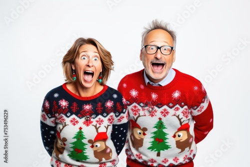A joyful Christmas sweater-wearing couple poses for a picture.