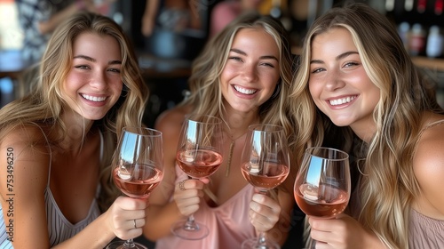 Smiling Women Toasting Rosé Wine Glasses