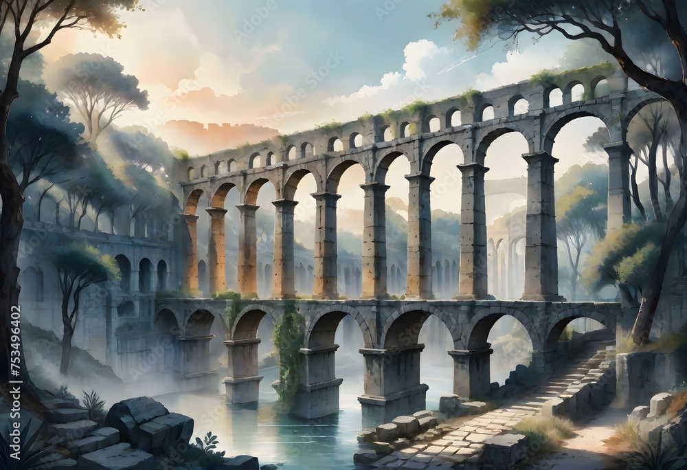 Ancient Aqueduct Spanning Across a Body of Water at Sunset, Generative AI