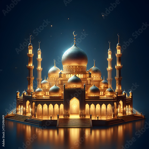 Golden Mosque, an Islamic festival, celebrating Ramadan, Isolated on a dark blue background