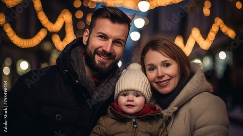 A happy family of three - a man, a woman, and their baby - pose together at night during a holiday season, surrounded by festive lights. photo