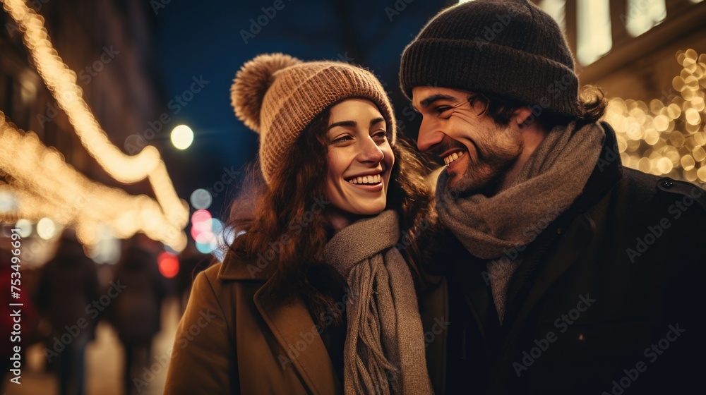 A happy couple wearing hats and coats, smiling and enjoying the cold weather