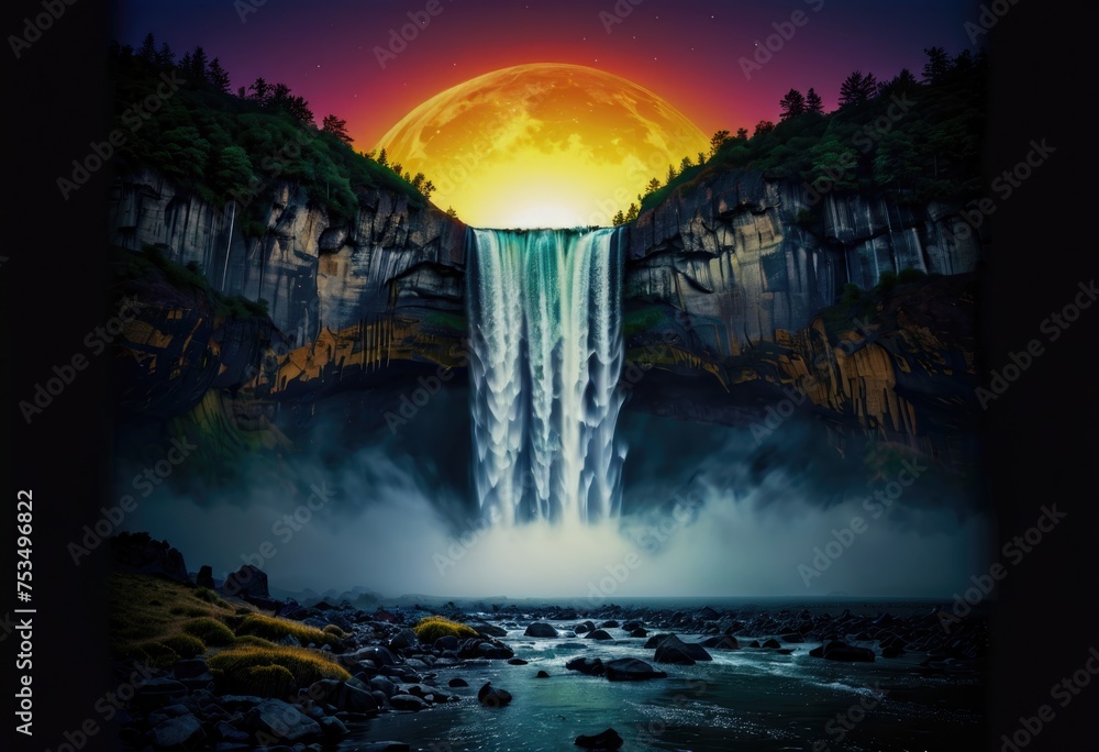 A rainbow-colored melted moon casting its glow over a cascading waterfall, creating a mesmerizing natural spectacle by ai generated