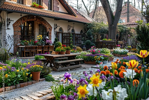 Easter Amidst Blooming European Garden with House in Background © Anastasiya