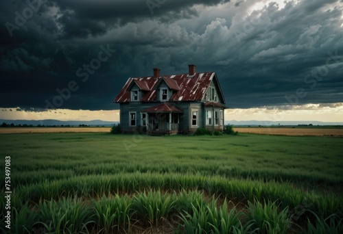 A solitary house standing alone in the vastness of a field, creating a serene and isolated scene by ai generated