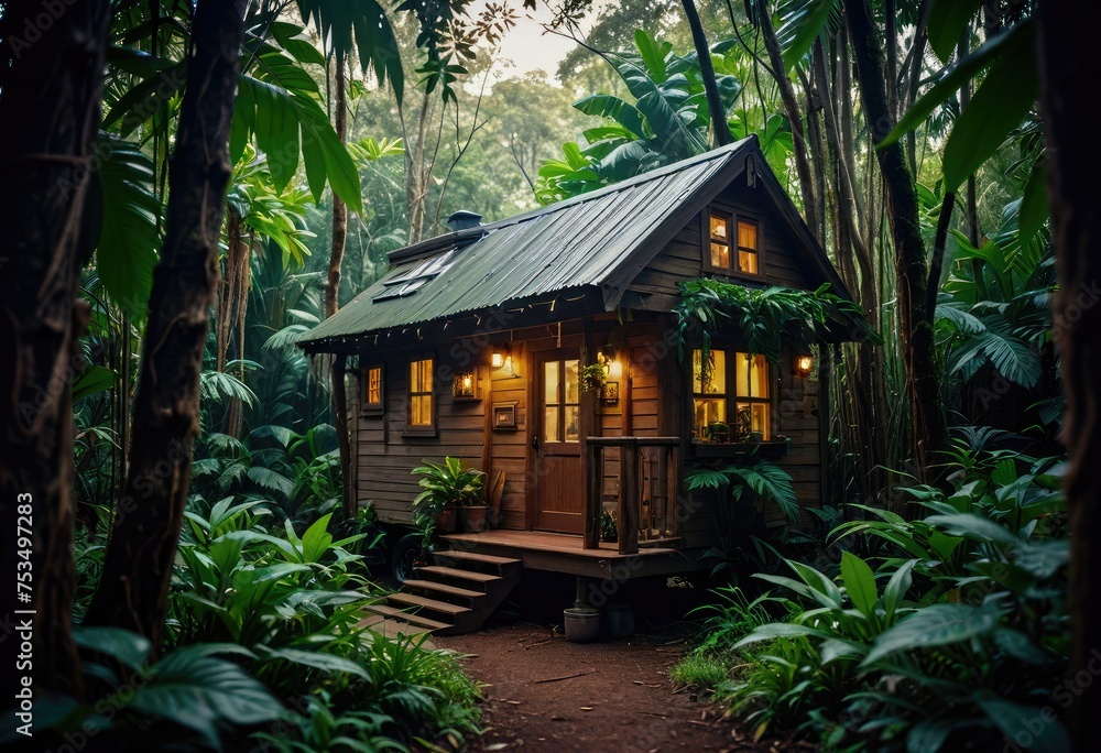 A tiny house nestled within the dense foliage of a jungle, surrounded by lush greenery by ai geenrated A tiny house nestled within the dense foliage of a jungle, surrounded by lush greenery by ai geenrated